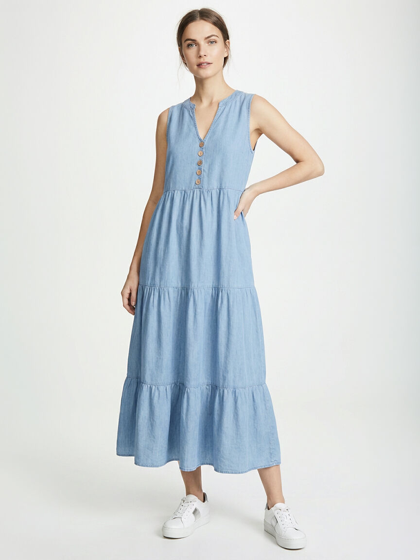 long tiered chambray dress