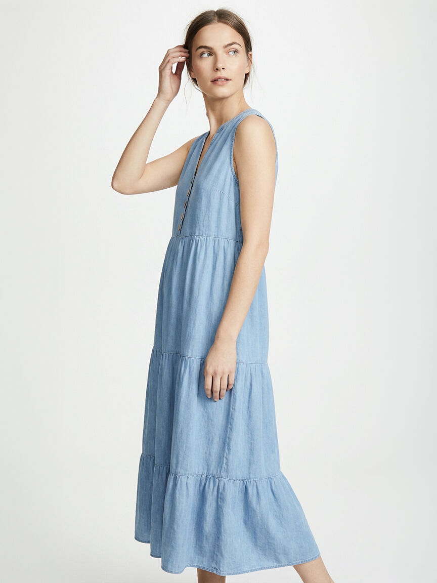 long tiered chambray dress