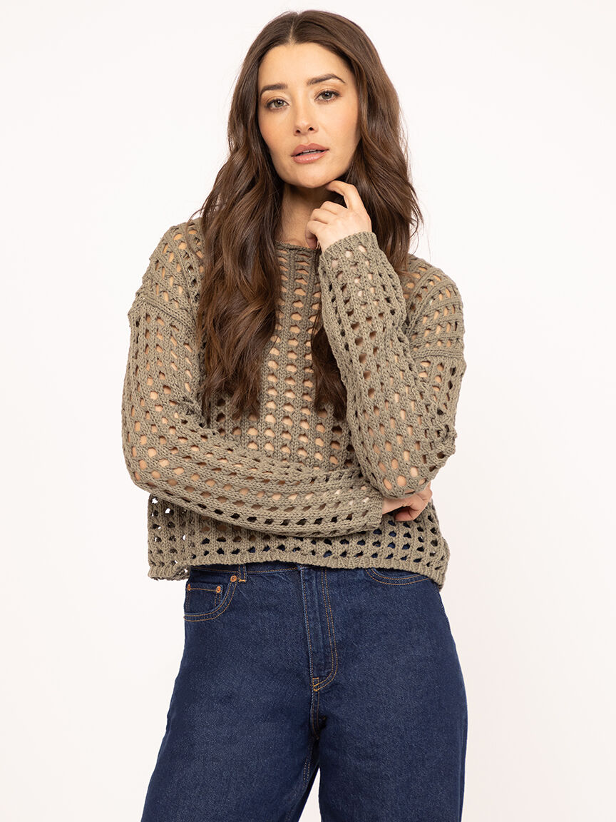 open weave crew neck sweater
