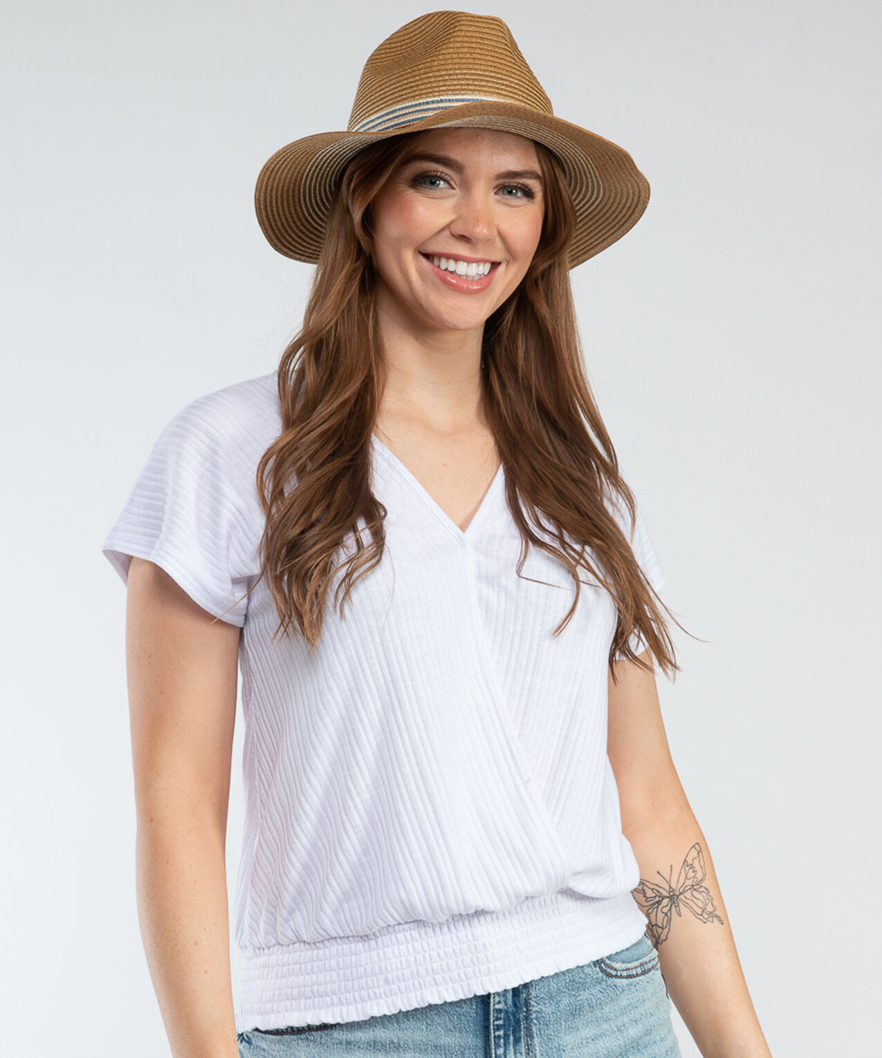 straw panama hat with ribbon band Image 1
