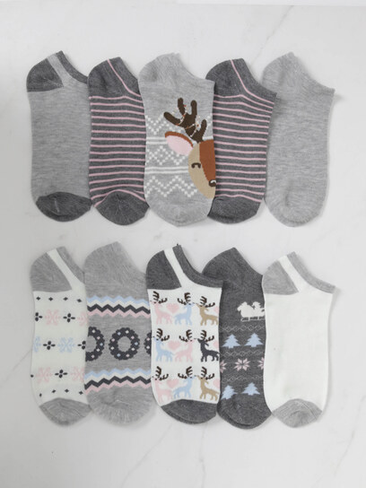 10 pack holiday theme no-show socks-Grey