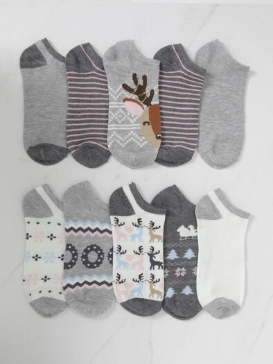 10 pack holiday theme no-show socks-Grey, Grey