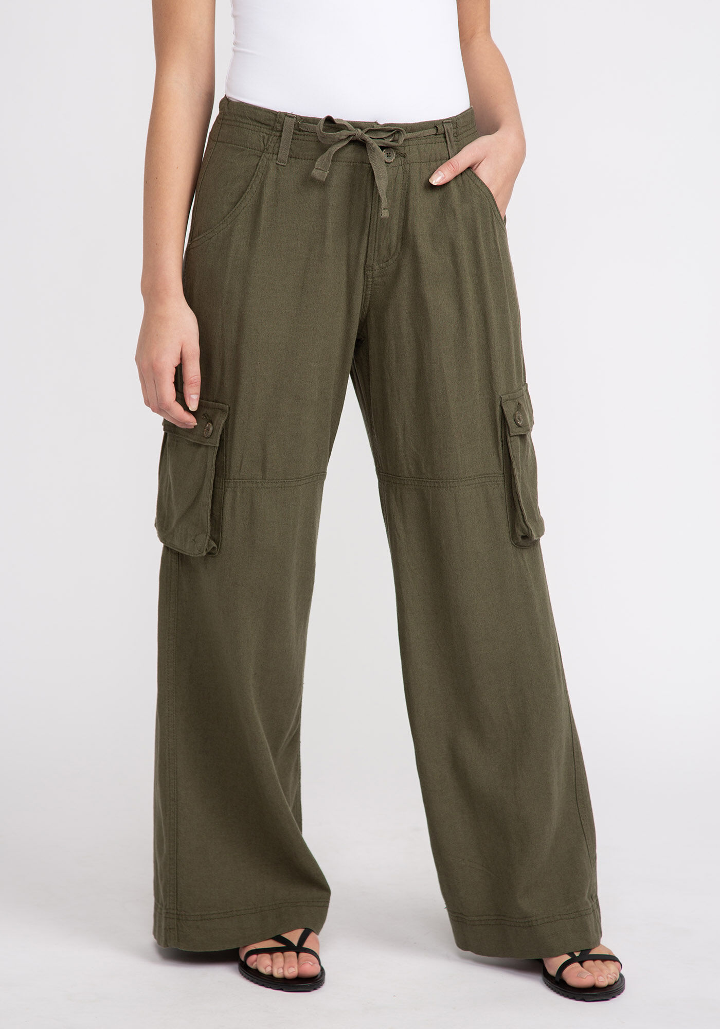 【MODERNIF】Linen Banding Cargo Wide Pants linen cargo beach pants Bootlegger 2000006081