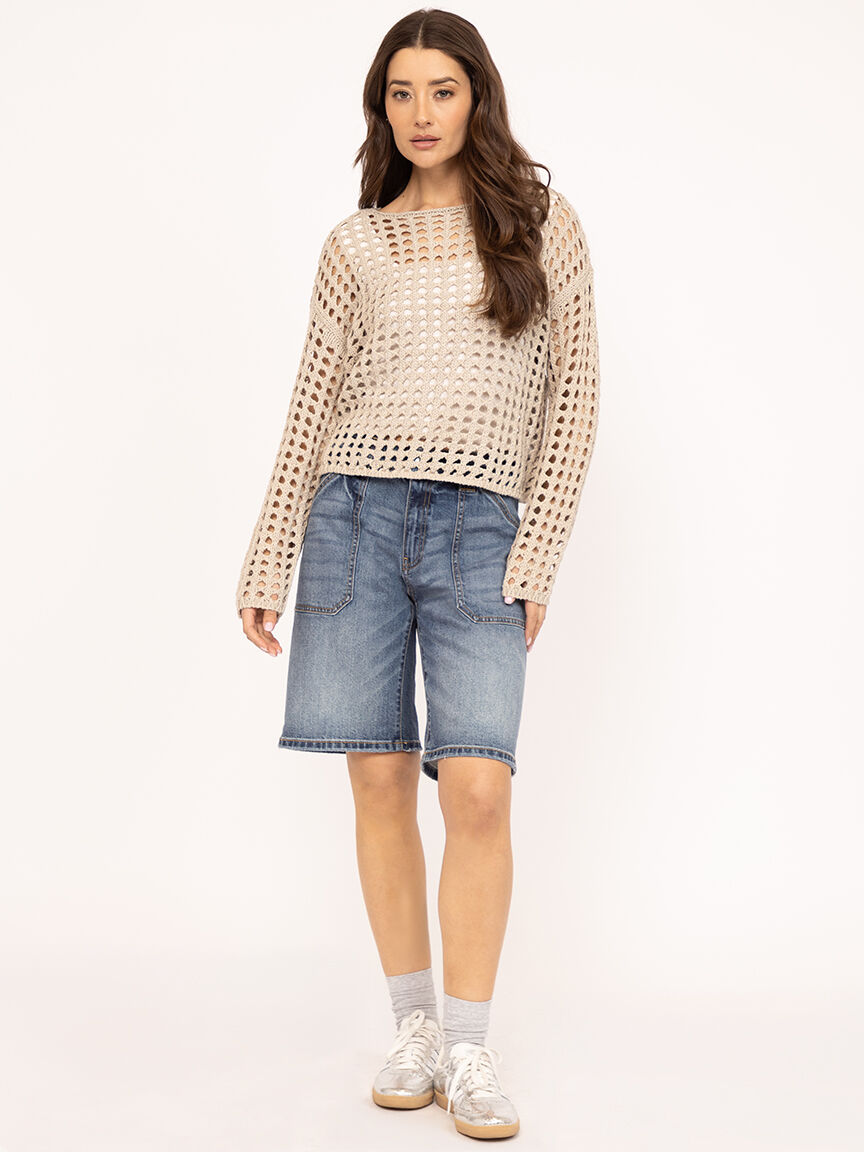 open weave crew neck sweater
