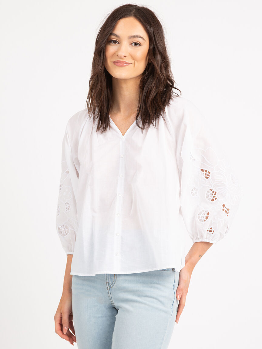madlyn button front embroidered sleeve top Image 1
