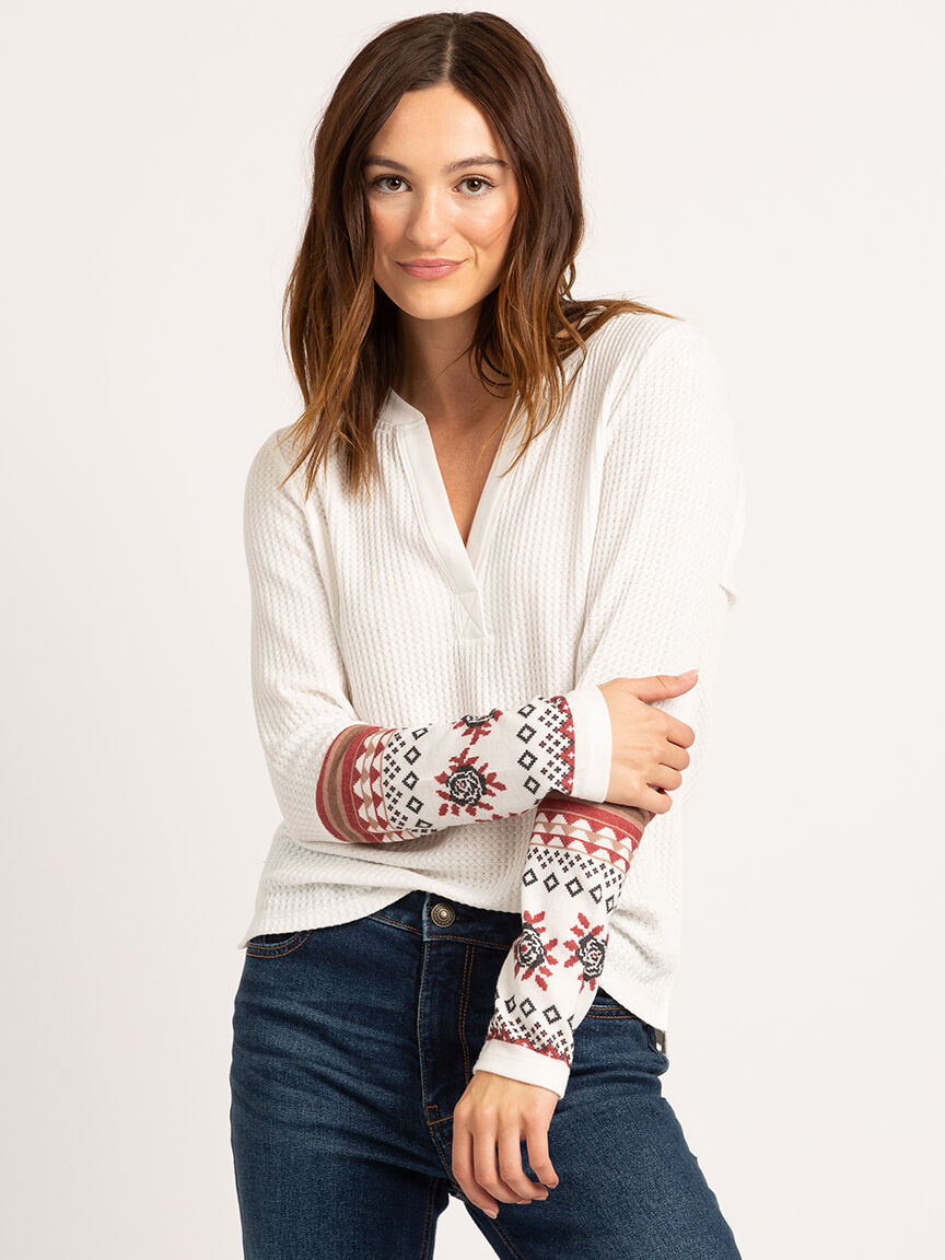 palmer waffle v-neck with cuff detail Image 1