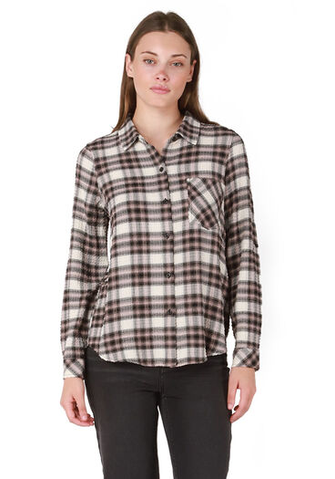 plaid textured button front, Rosey Plaid
