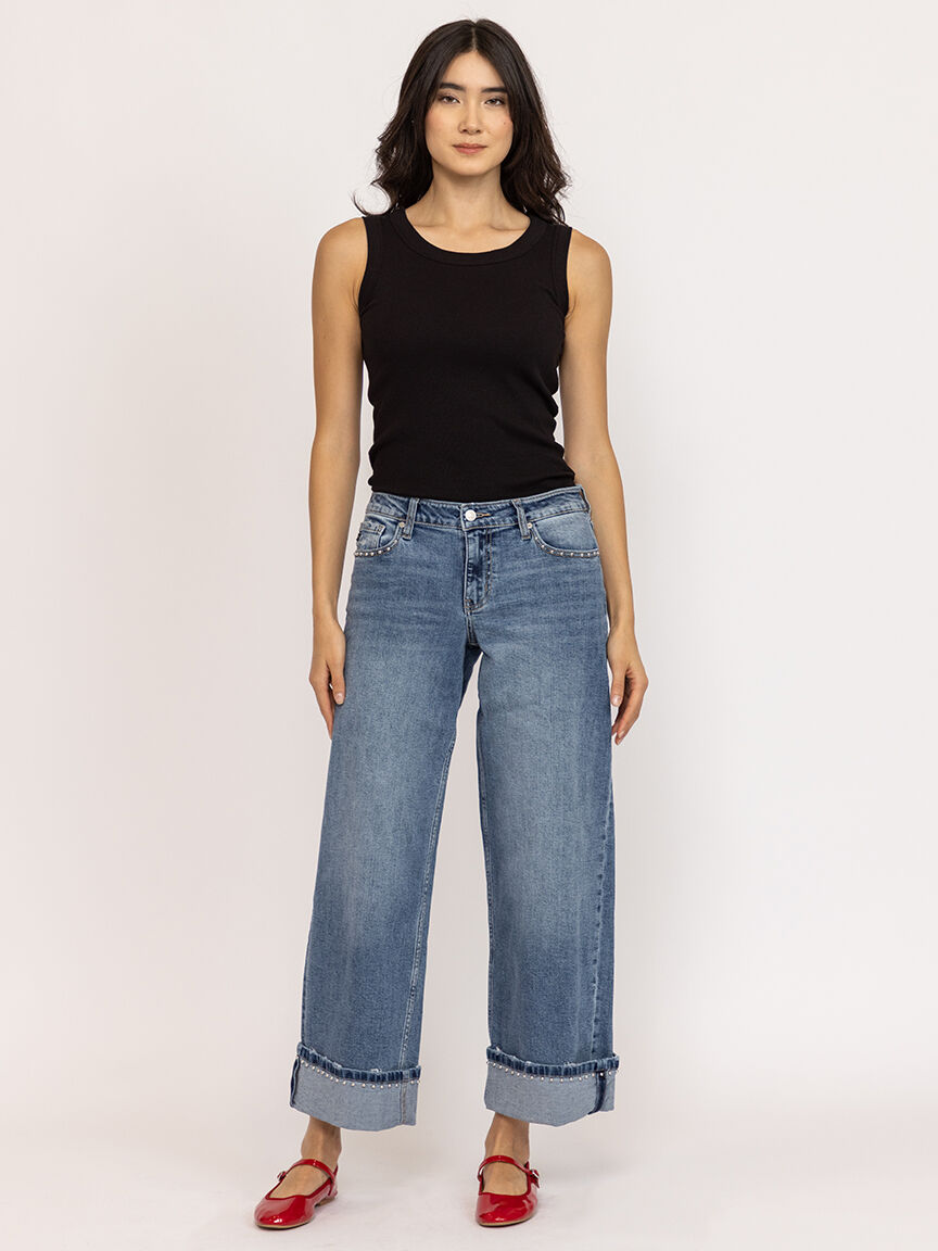 mid rise studded wide leg jean