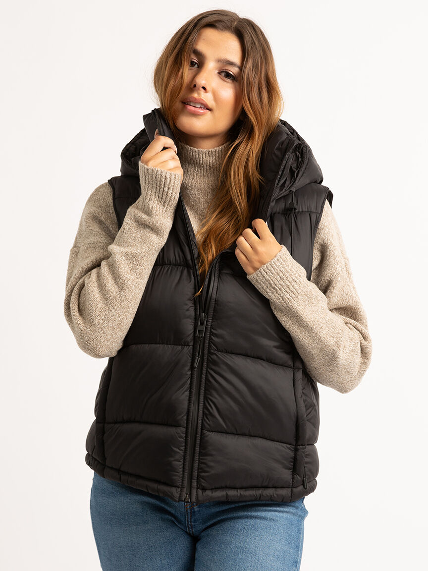 Black puffer vest with fur hood store
