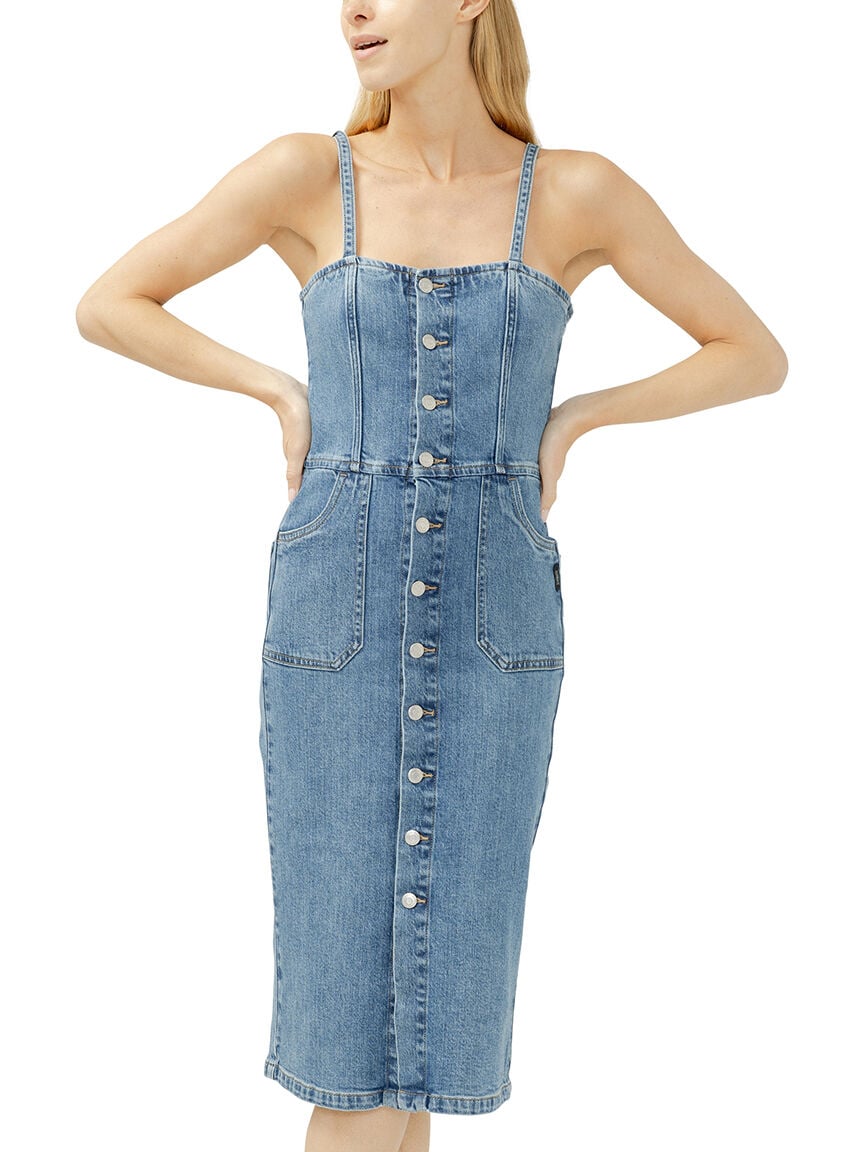 Button-Front Denim Midi Dress