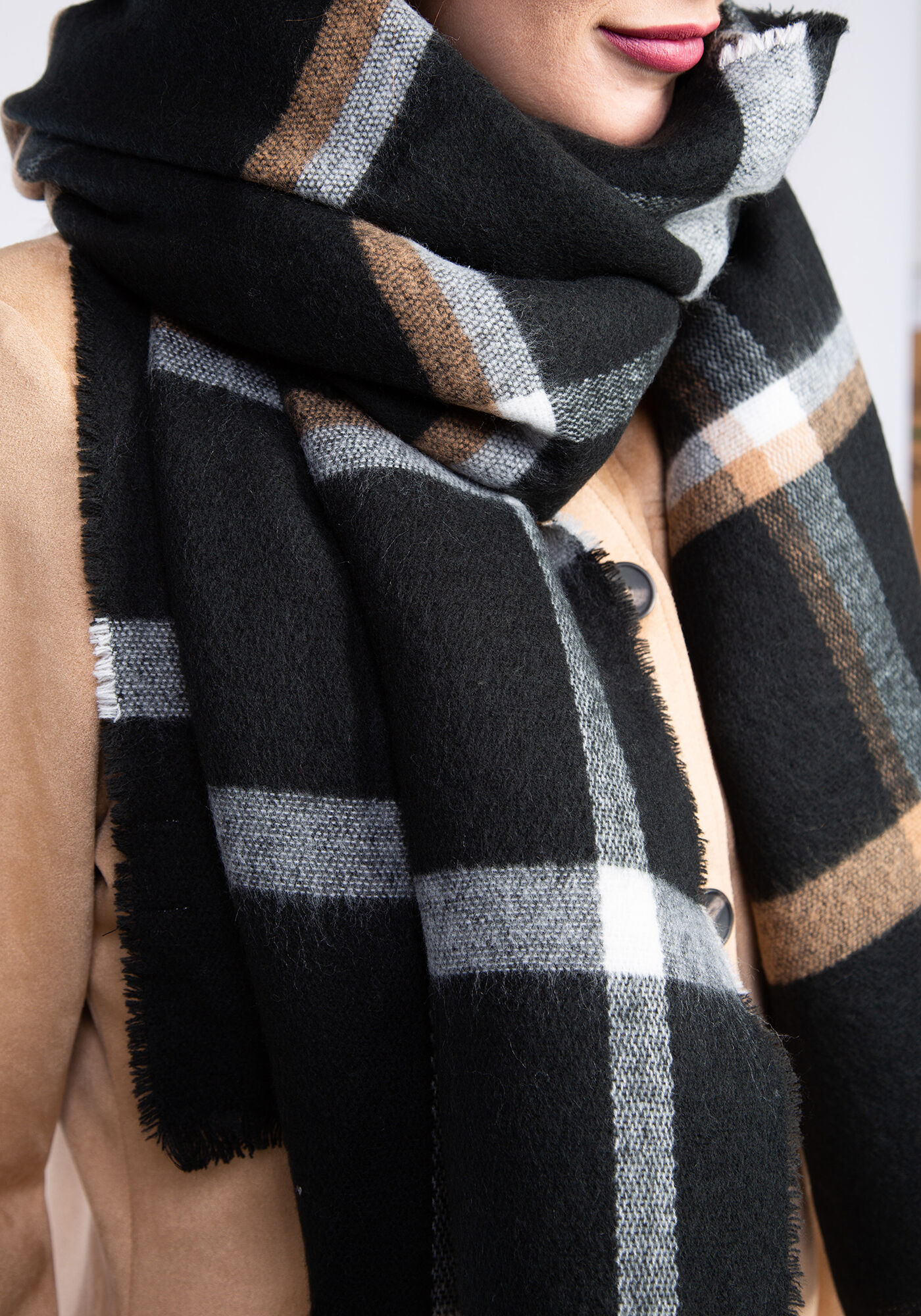 plaid rectangle scarf w frayed edge Image 5