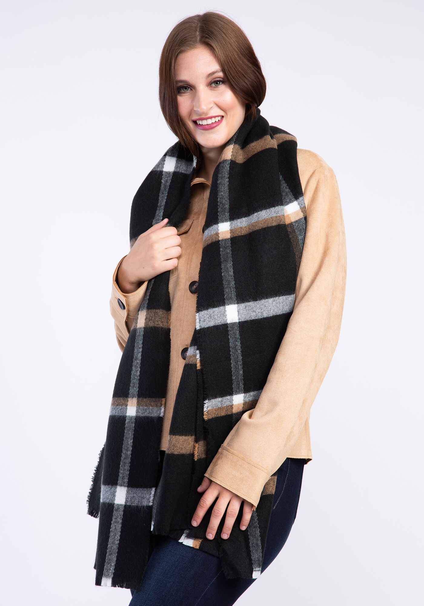 plaid rectangle scarf w frayed edge Image 3