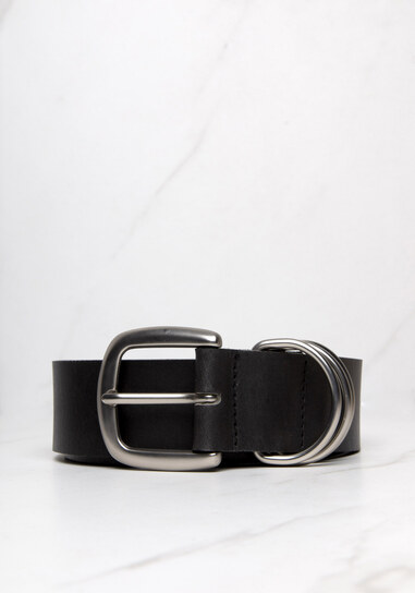 leather belt with silver buckle and triple rings