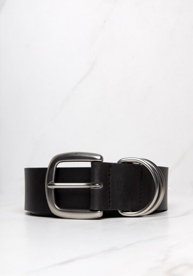 leather belt with silver buckle and triple rings Image 1