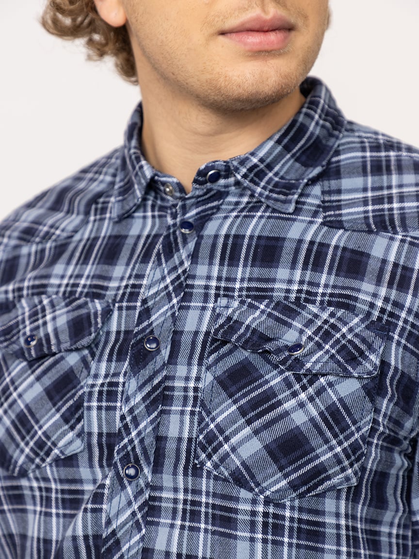 indigo plaid flannel shirt with flap pockets