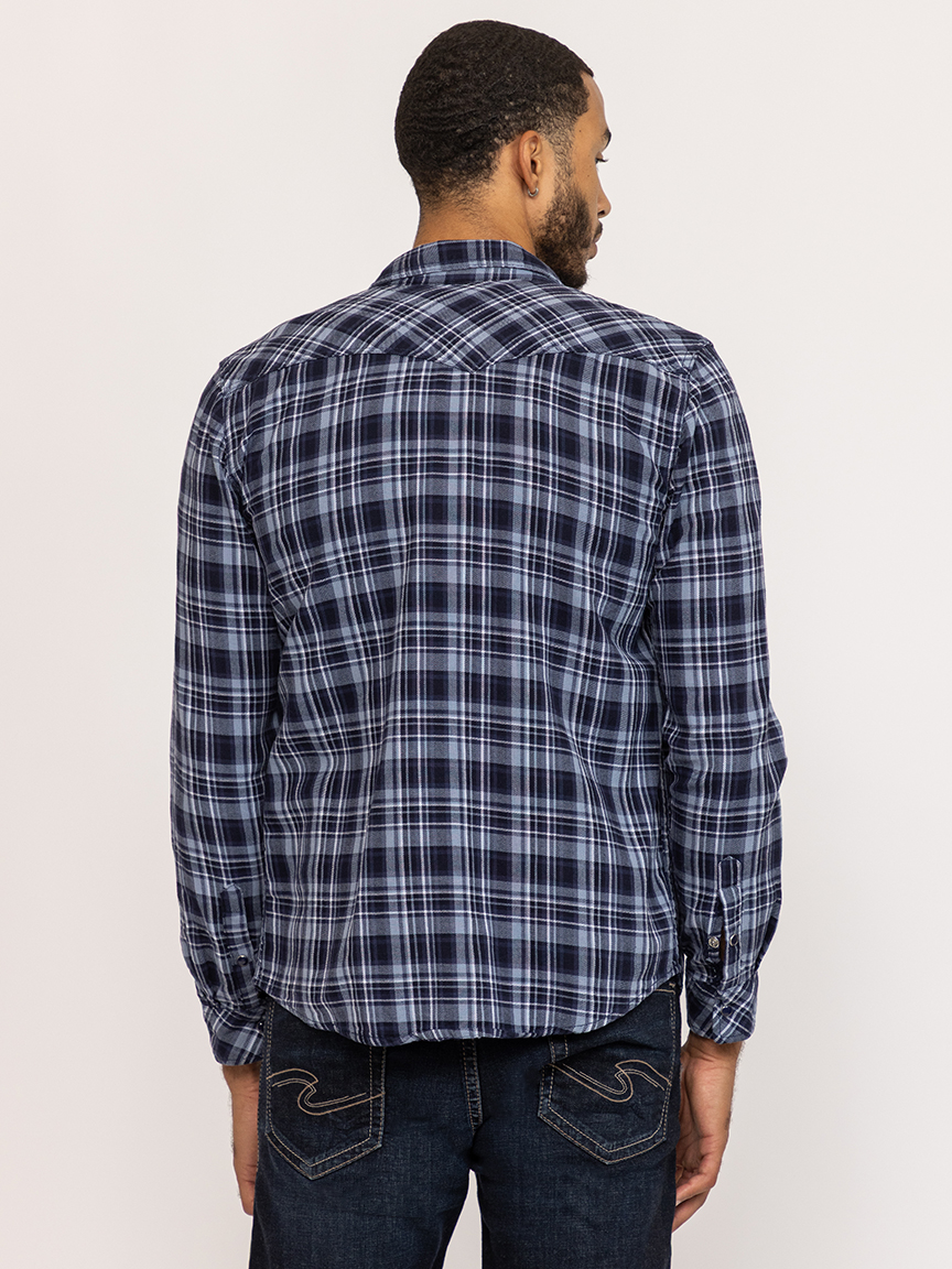 indigo plaid flannel shirt with flap pockets