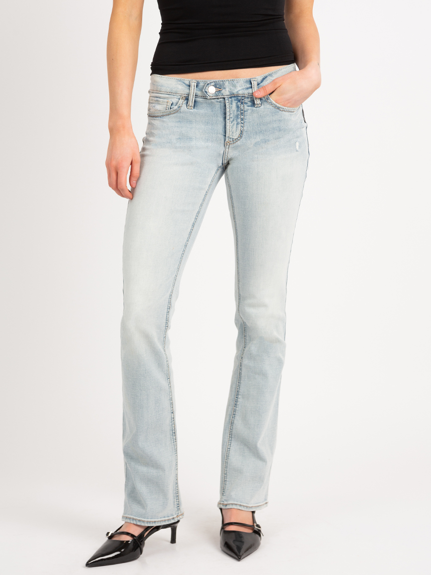 Silver Jeans Co. Women's Tuesday Low Rise Slim Bootcut Jeans – Distressed Dark Wash, Comfort Stretch