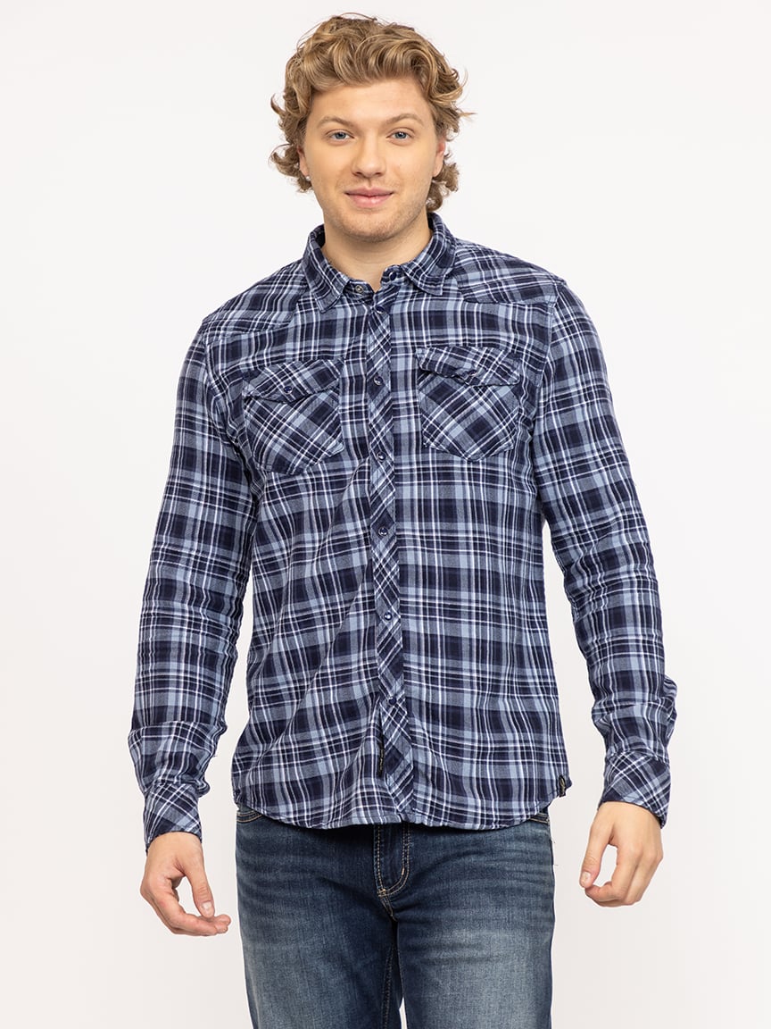 indigo plaid flannel shirt with flap pockets