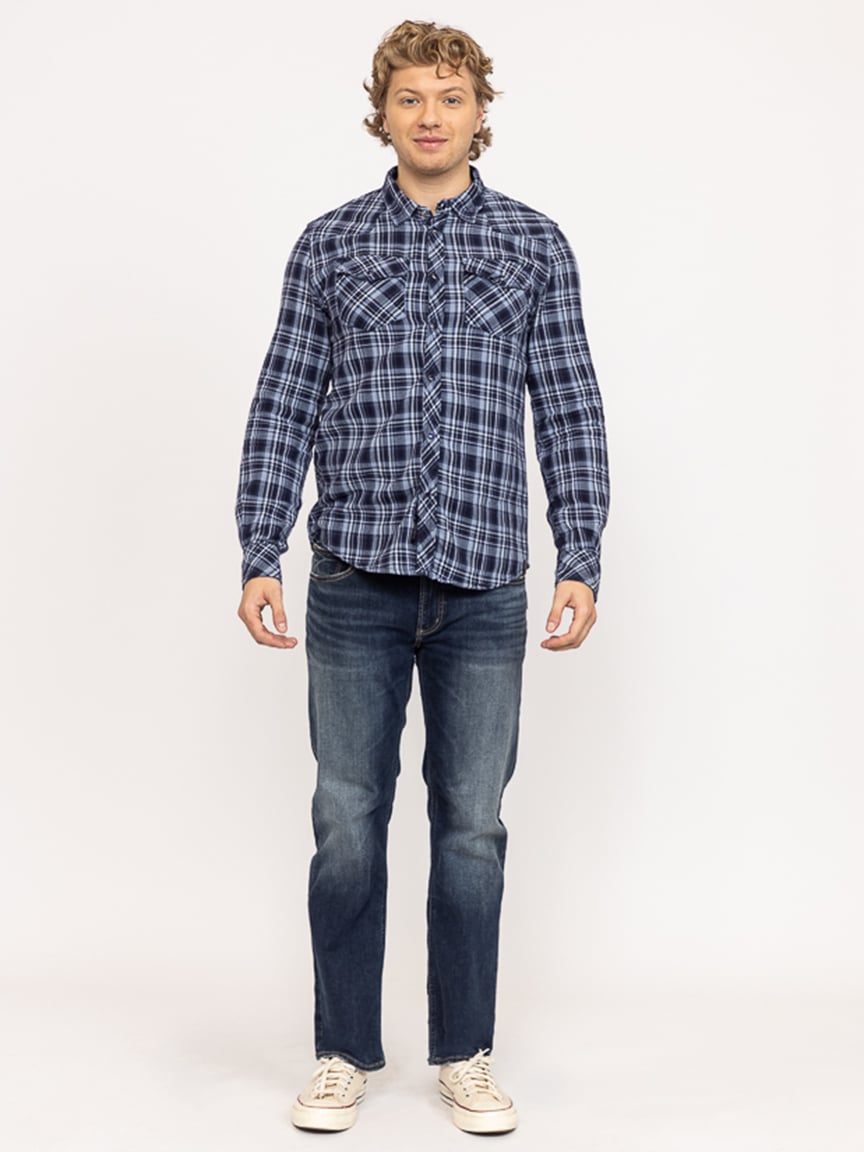indigo plaid flannel shirt with flap pockets