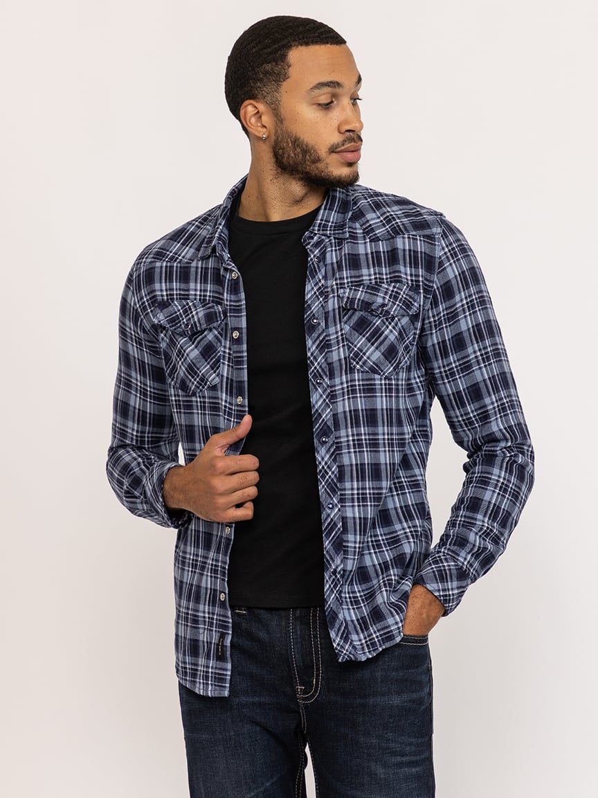 indigo plaid flannel shirt with flap pockets
