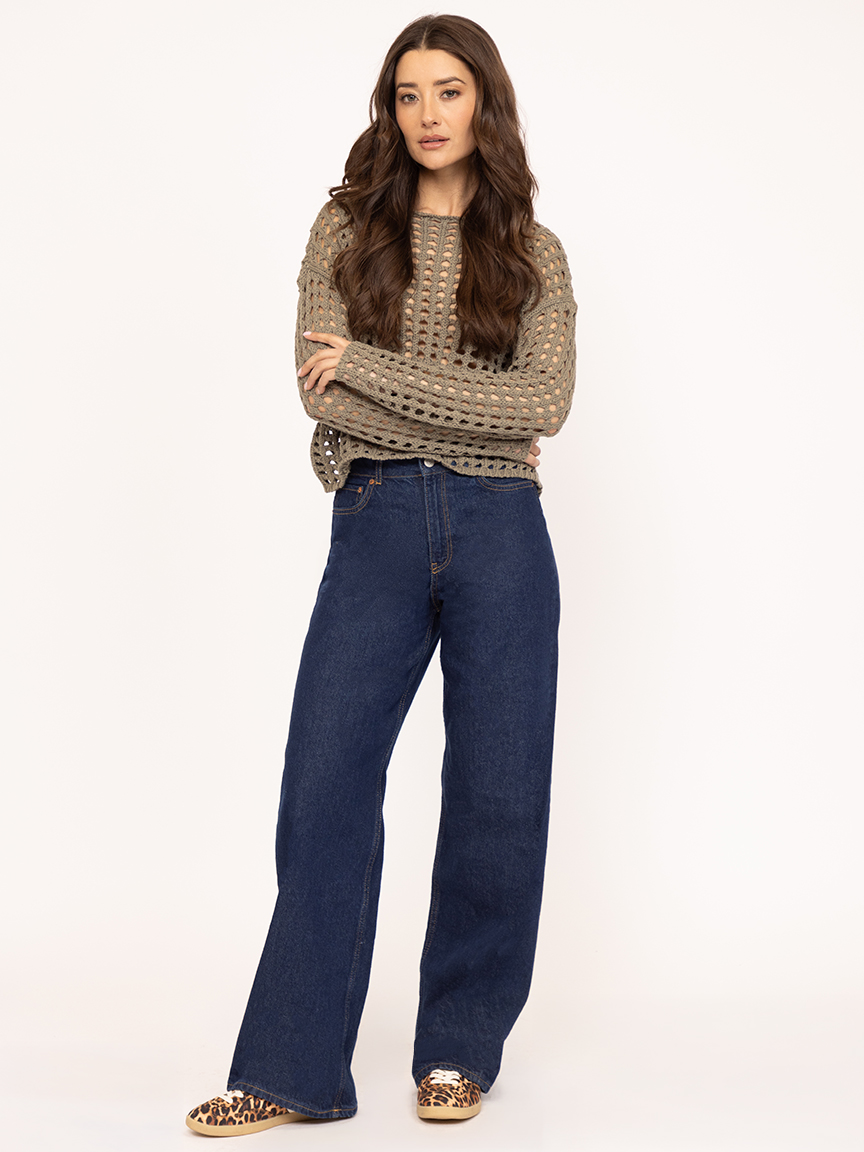 open weave crew neck sweater