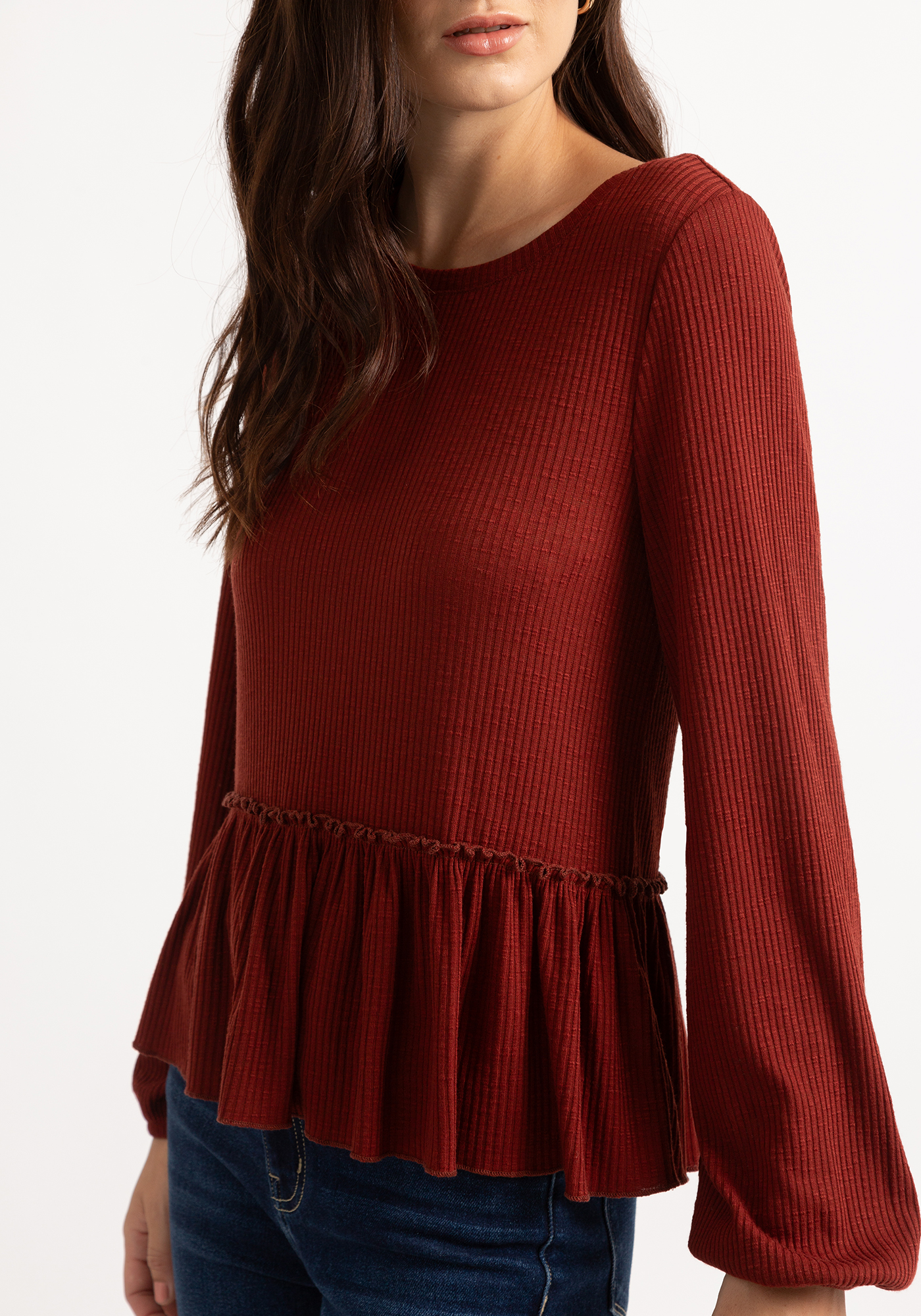 red long sleeve peplum top