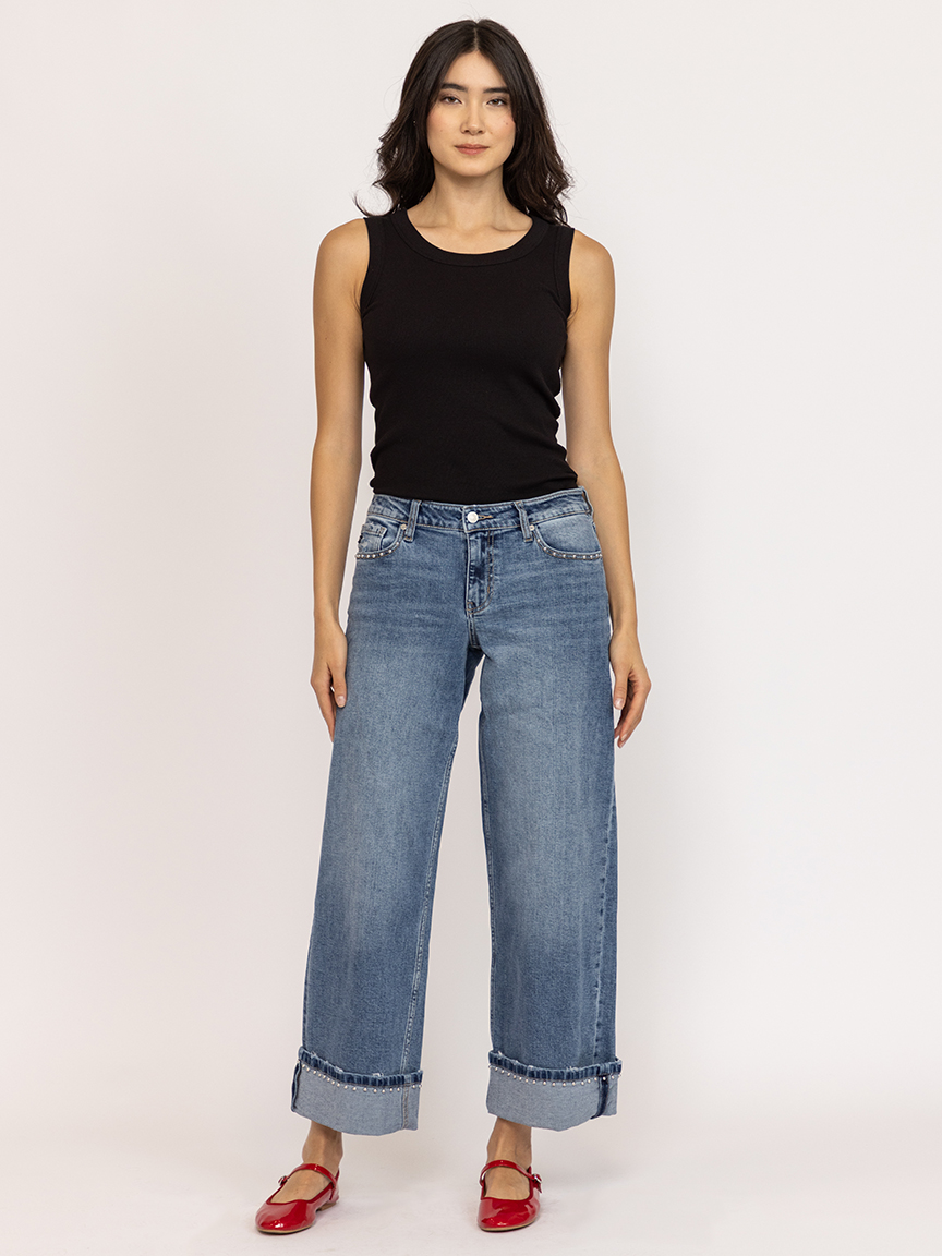 mid rise studded wide leg jean